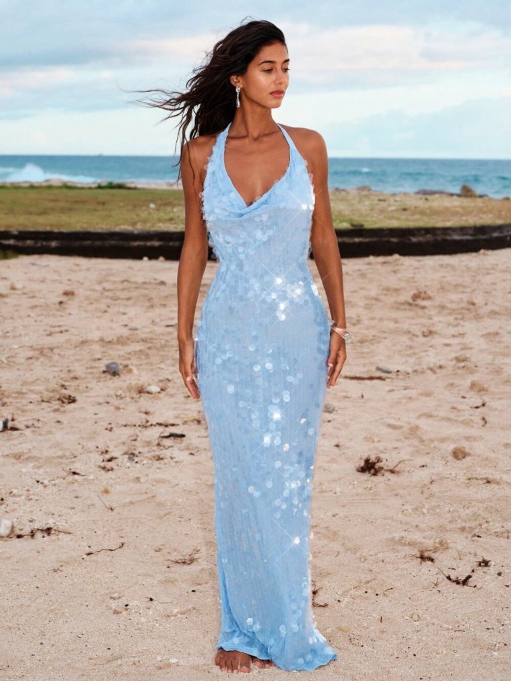 Blue Sequined Halter Women's Plunging Neckline Mermaid maxi Dress - Picture 7 of 7
